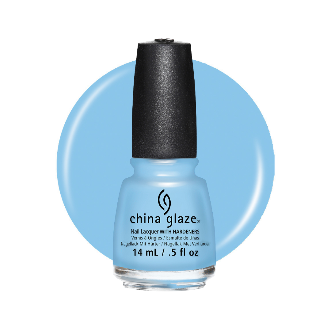A bottle of China Glaze nail polish in a light sky blue shade, shown against a white background with a matching light blue circular color swatch behind it.