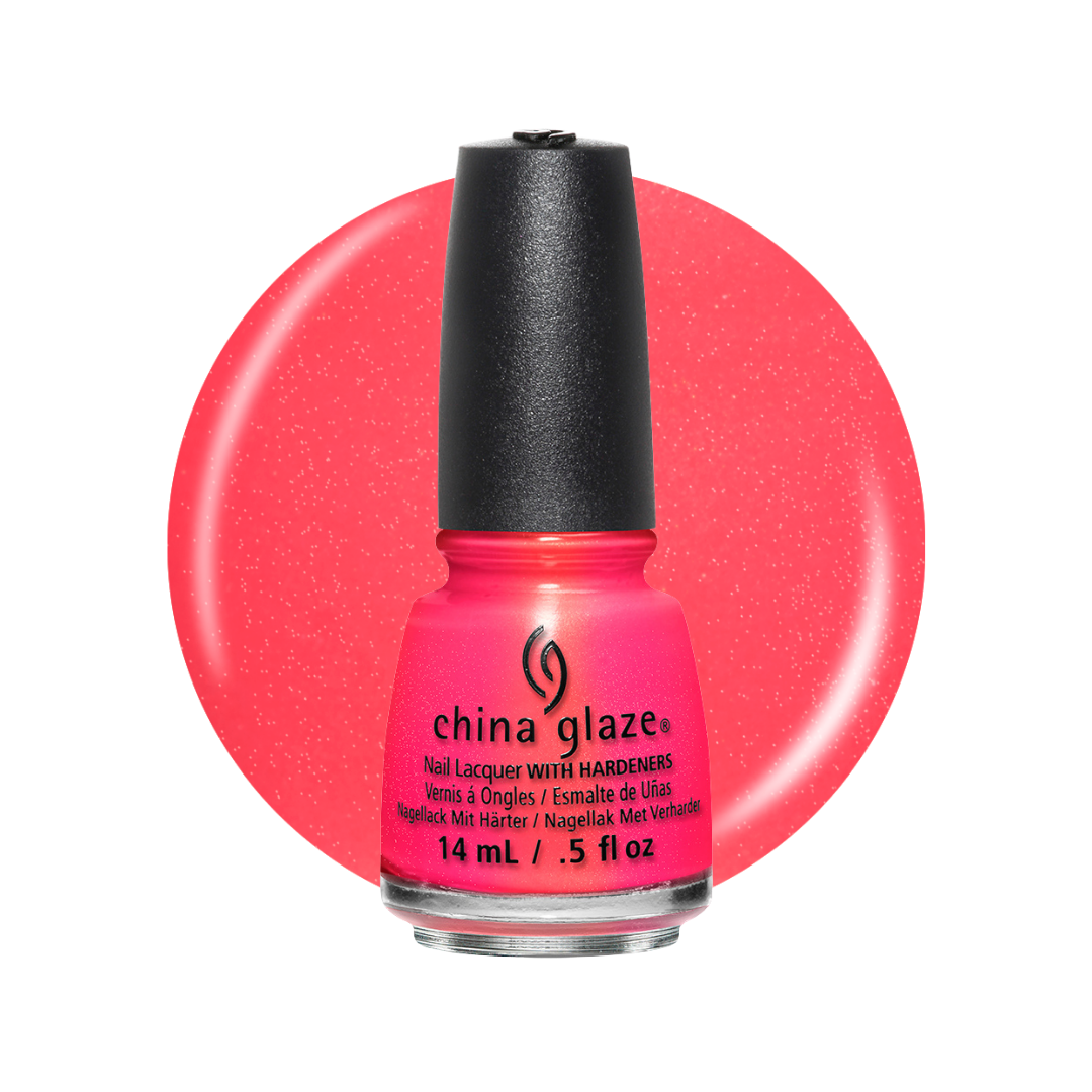 A bottle of China Glaze nail polish in a bright pinkish-red glitter shade, shown in front of a matching circular color swatch on a white background.