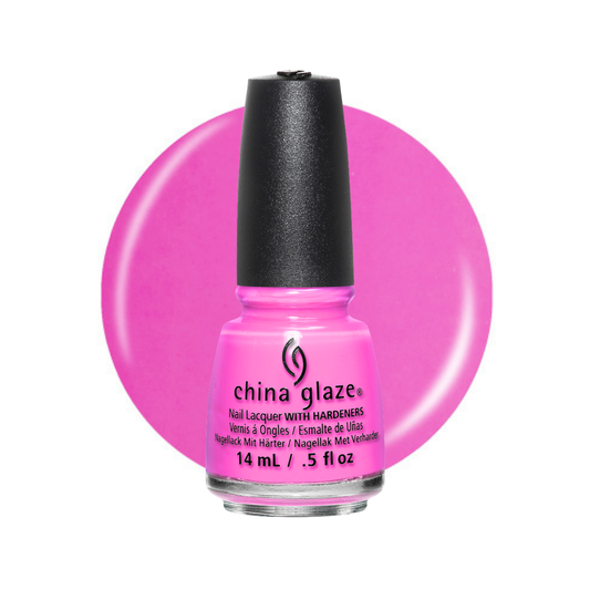 A bottle of China Glaze nail polish in a bright hot pink shade, shown against a matching hot pink circular color swatch on a white background.