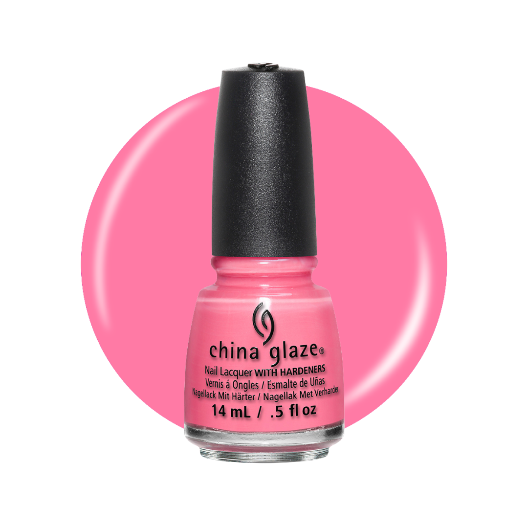 A bottle of China Glaze nail polish in a bright pink shade, shown against a white background with a large matching pink color circle behind it.