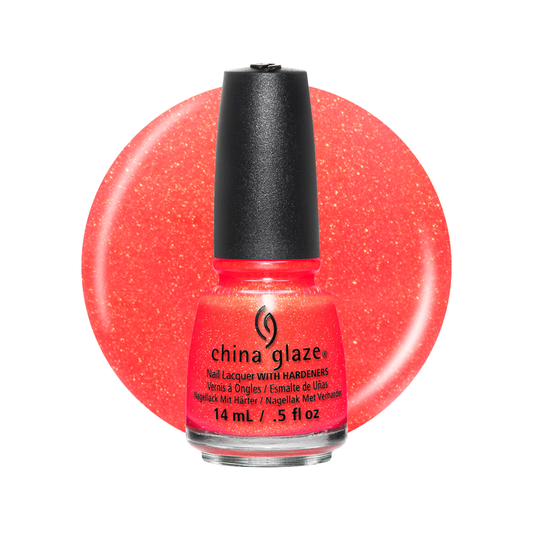 A bottle of China Glaze nail polish in a bright coral pink shade with fine glitter, shown against a matching circular swatch on a white background.