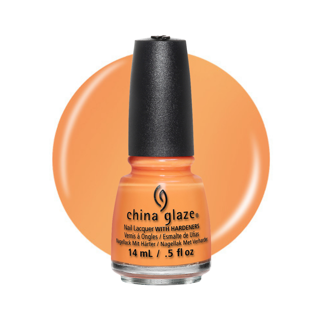 A bottle of China Glaze nail polish in a bright orange shade, shown against a white background with a large matching orange color swatch behind it.