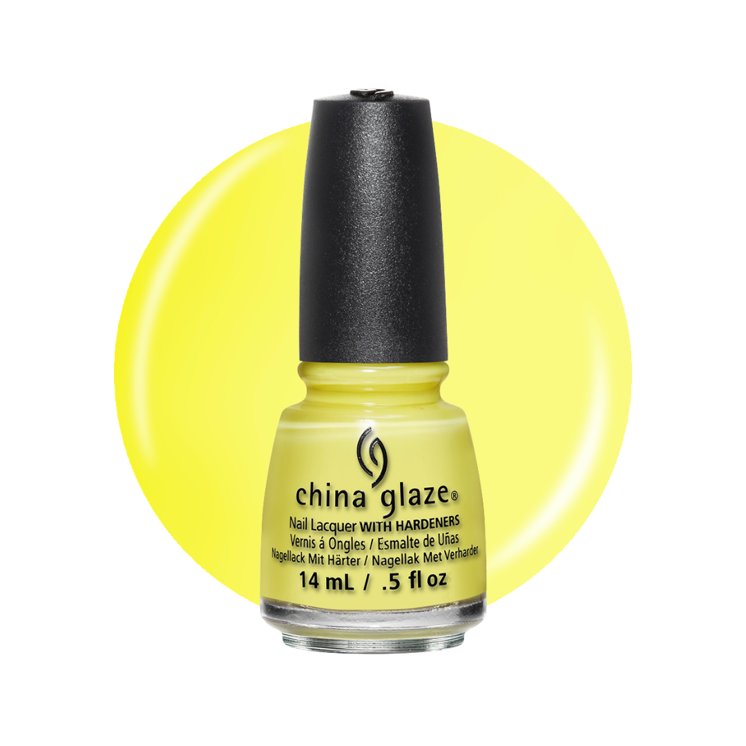 A bottle of China Glaze nail polish in the shade Yellow, featuring a black cap and a yellow liquid visible through the clear bottle, set against a bright yellow circular background on a white studio backdrop.