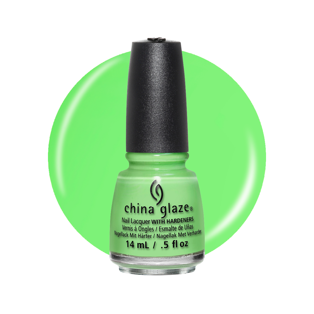 A bottle of China Glaze nail polish in a bright neon green shade, shown against a white background with a matching green circular color swatch behind it.