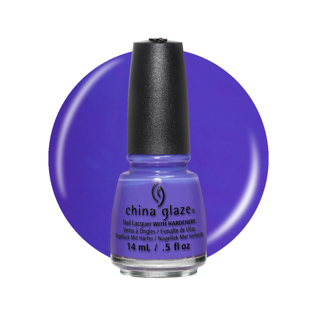 A bottle of China Glaze nail polish in a vibrant purple shade, shown in front of a matching purple circular color swatch on a white background.