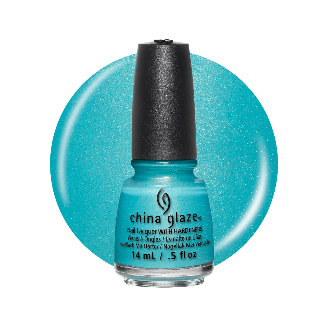 A bottle of China Glaze nail polish in a bright turquoise blue glitter shade, shown in front of a matching circular color swatch on a white background.