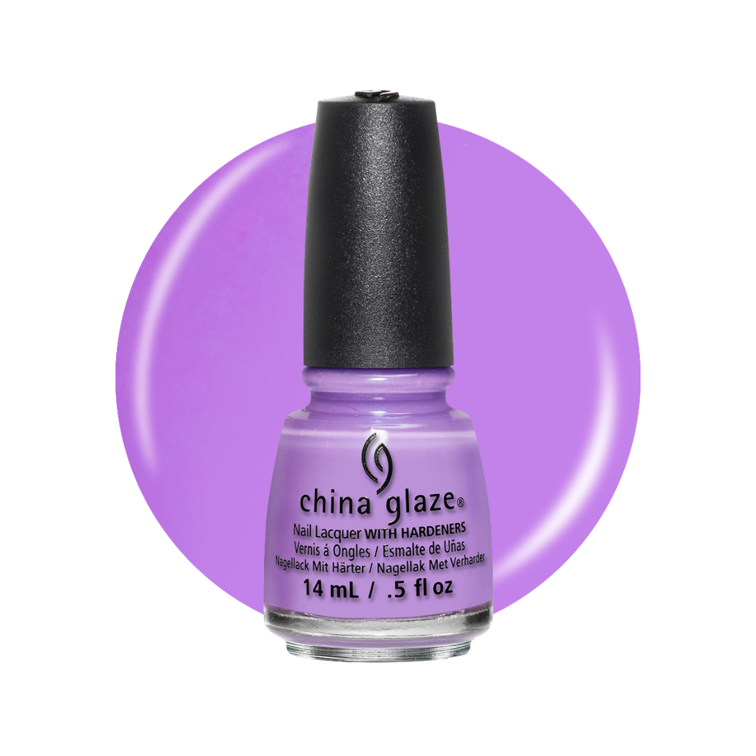 A bottle of China Glaze nail polish in a light purple shade, shown against a white background with a large matching purple circular color swatch behind it.