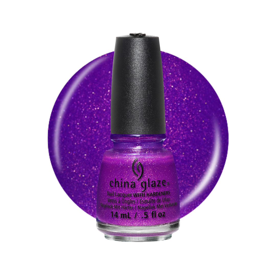 A bottle of China Glaze nail lacquer in a sparkling purple shade, shown in front of a large circular swatch of the same glittery purple polish on a white background.