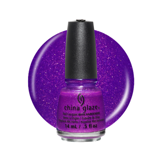 A bottle of China Glaze nail lacquer in a sparkling purple shade, shown in front of a large circular swatch of the same glittery purple polish on a white background.