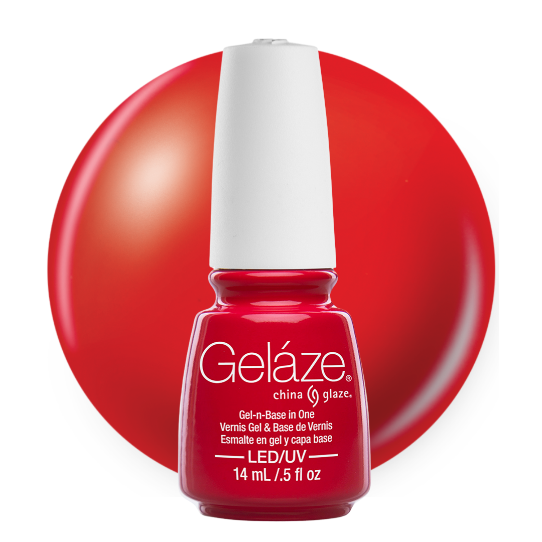 A bottle of Geláze China Glaze gel nail polish, featuring a vibrant red color with a white cap, set against a matching red circular background on a white studio backdrop.