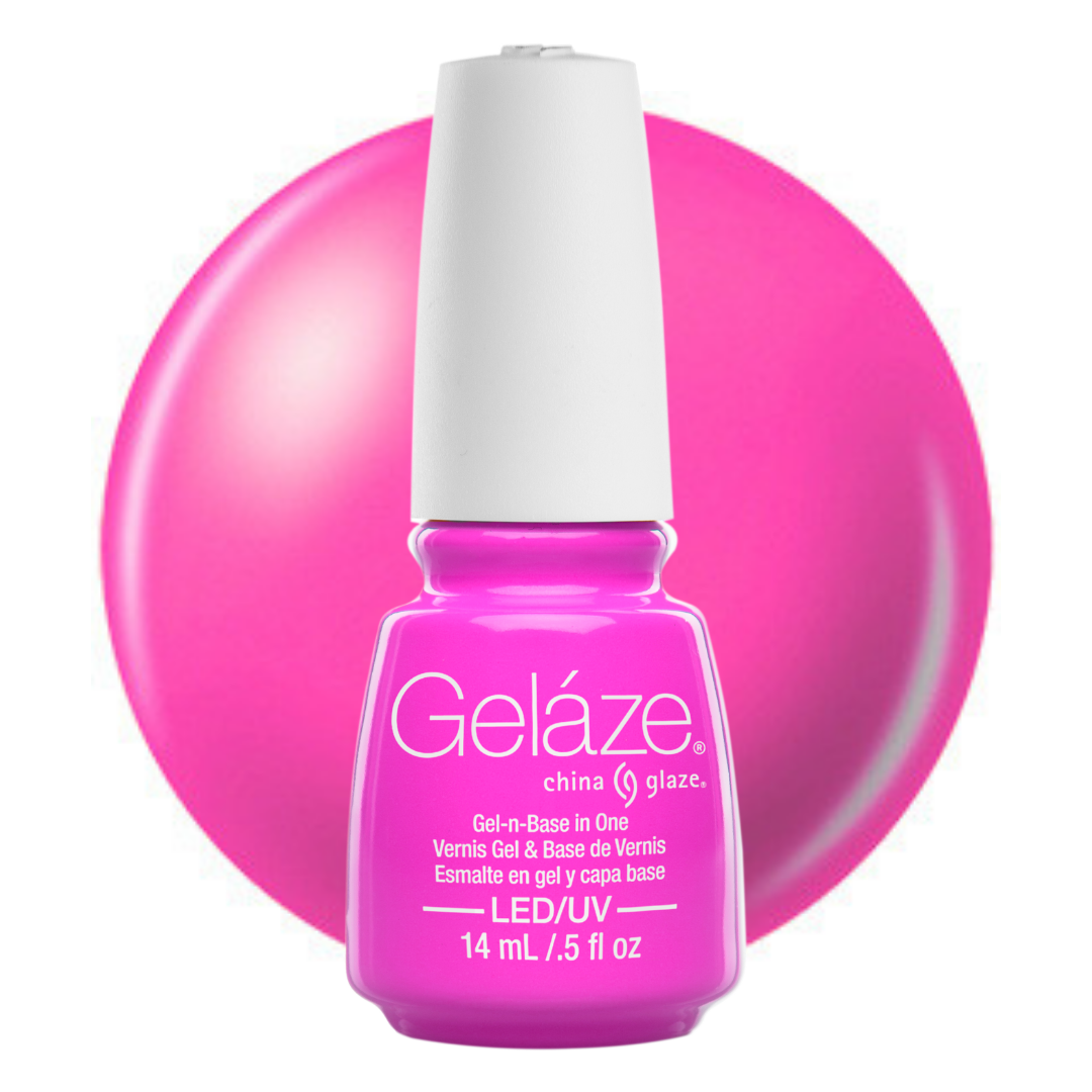 A bottle of Geláze China Glaze gel nail polish in a vibrant hot pink shade, shown against a matching hot pink circular background on a white studio backdrop.