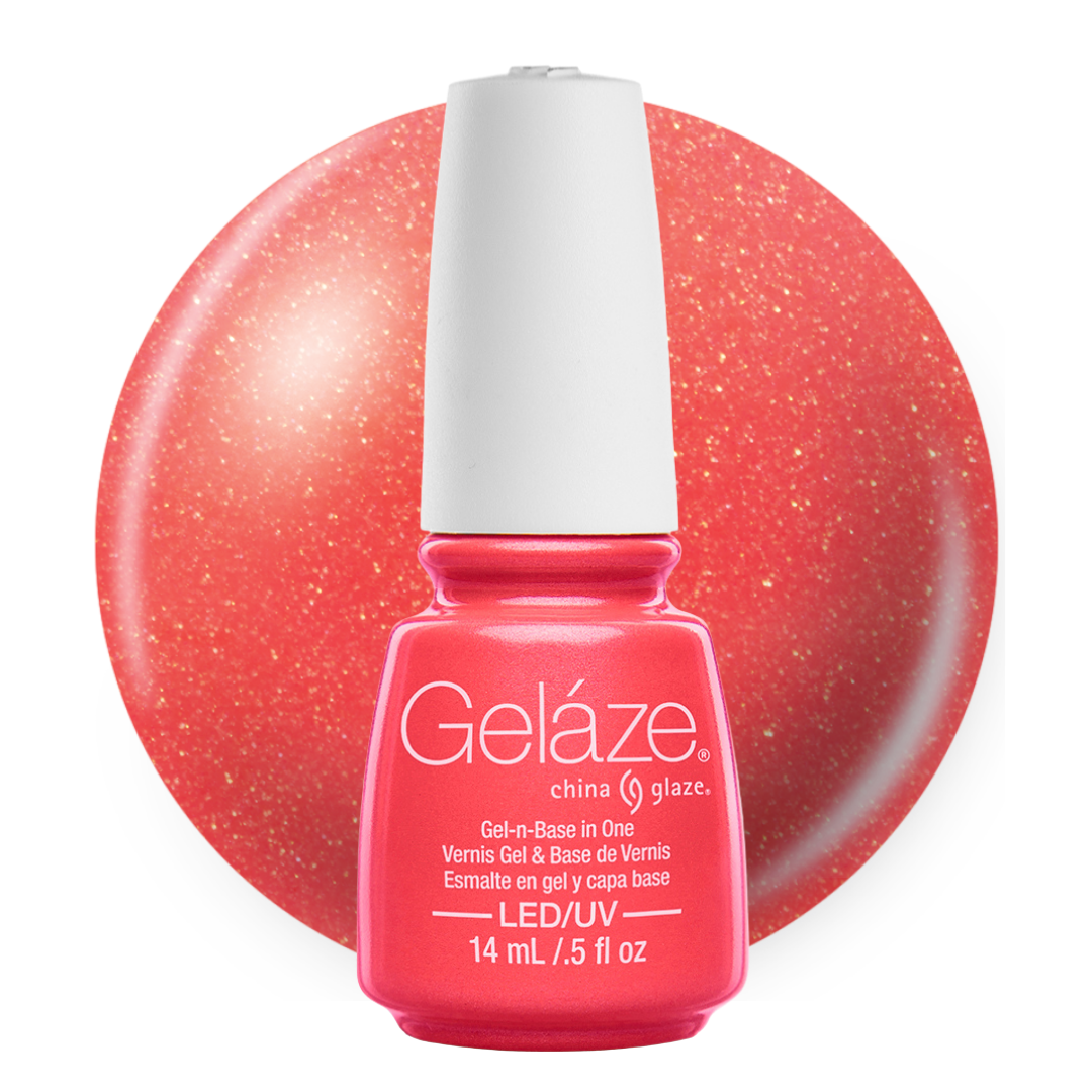 A bottle of Geláze gel nail polish in the shade China Glaze, featuring a vibrant pinkish-red glitter polish with a white cap, set against a matching circular swatch on a white background.