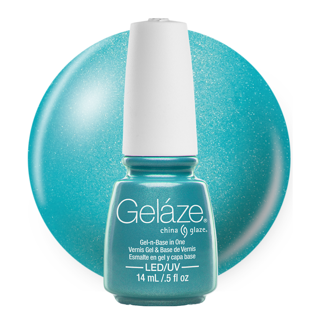 A bottle of Gelóaze China Glaze gel nail polish in a sparkling teal-blue shade, shown in front of a matching circular swatch on a white background.