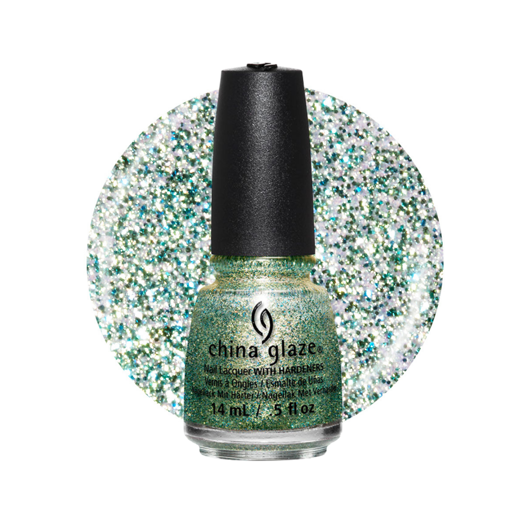 A bottle of China Glaze nail polish with hardener in a shimmering light green shade, set against a circular glitter swatch of the same color on a white background.