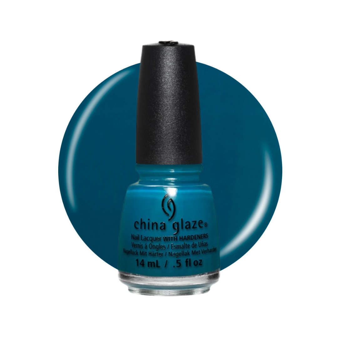 A bottle of China Glaze nail polish in a deep teal blue shade, positioned in front of a matching teal circular color swatch on a white background.