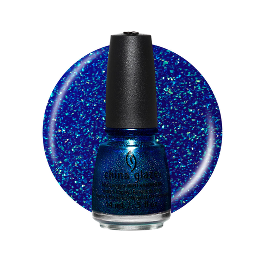 A bottle of China Glaze glitter nail polish in a vibrant royal blue shade, set against a matching circular glitter swatch on a plain white background.
