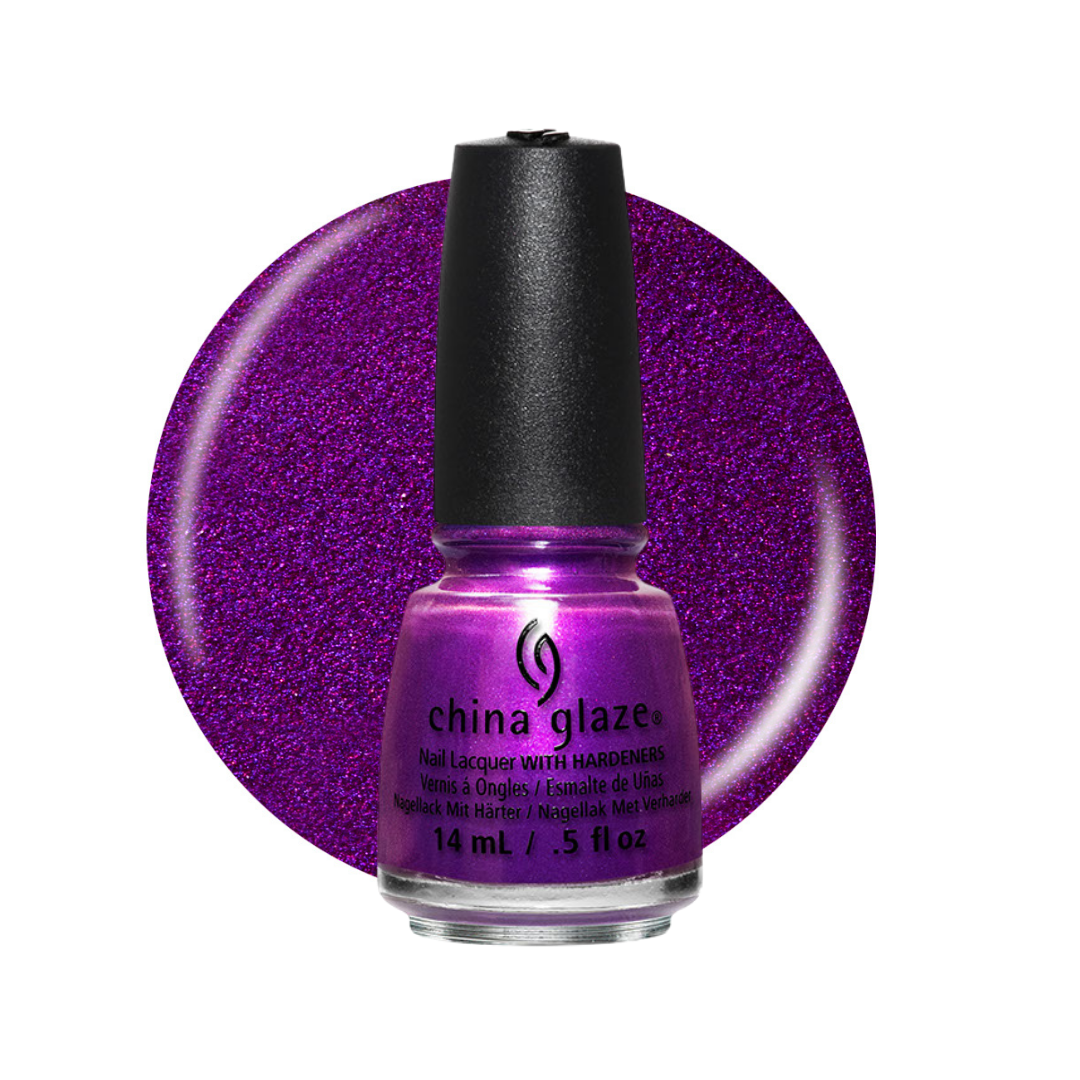 A bottle of China Glaze nail polish in a vibrant, glittery purple shade, set against a matching circular purple glitter swatch on a white background.