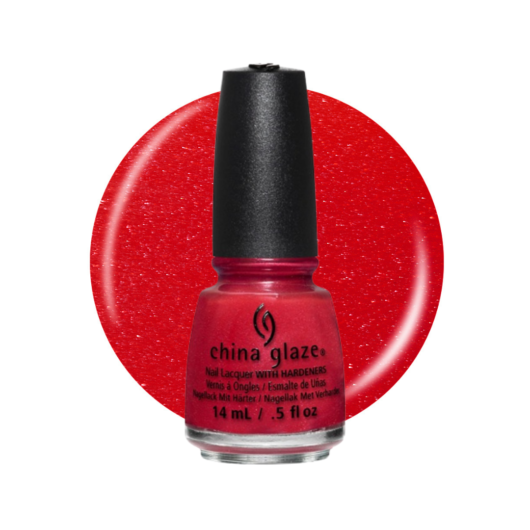 A bottle of China Glaze nail lacquer in a bright red glitter shade, shown in front of a matching red glitter color swatch on a white background.