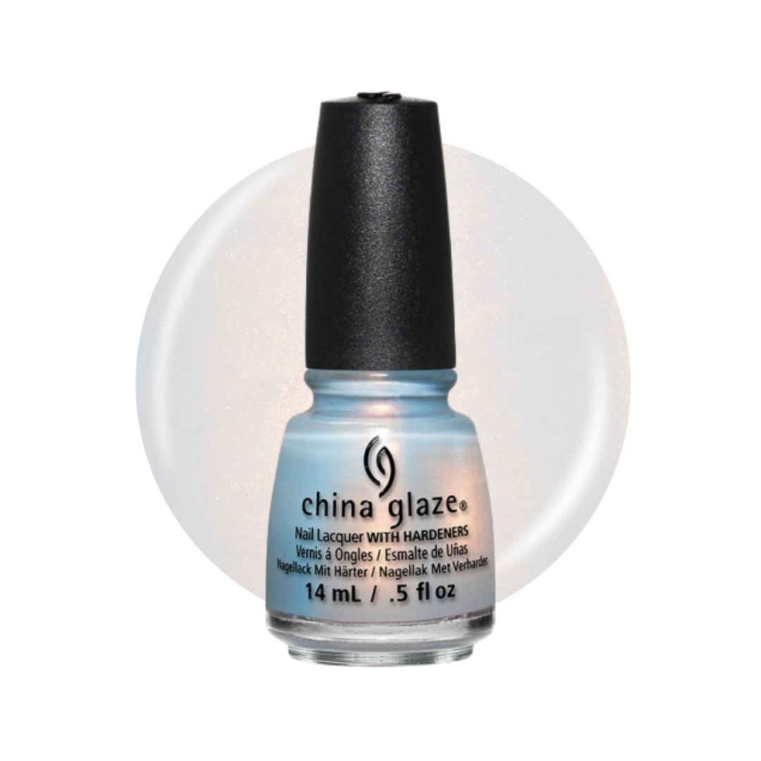 A bottle of China Glaze nail lacquer with hardeners in a light icy blue shimmer shade, featuring a black cap and a white circular background swatch.