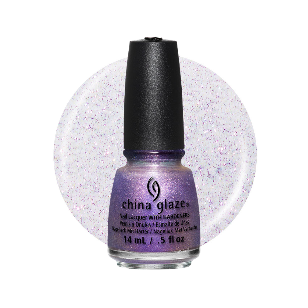 A bottle of China Glaze nail polish in a shimmery lavender-purple shade, shown in front of a circular swatch of the glittery polish color on a white background.