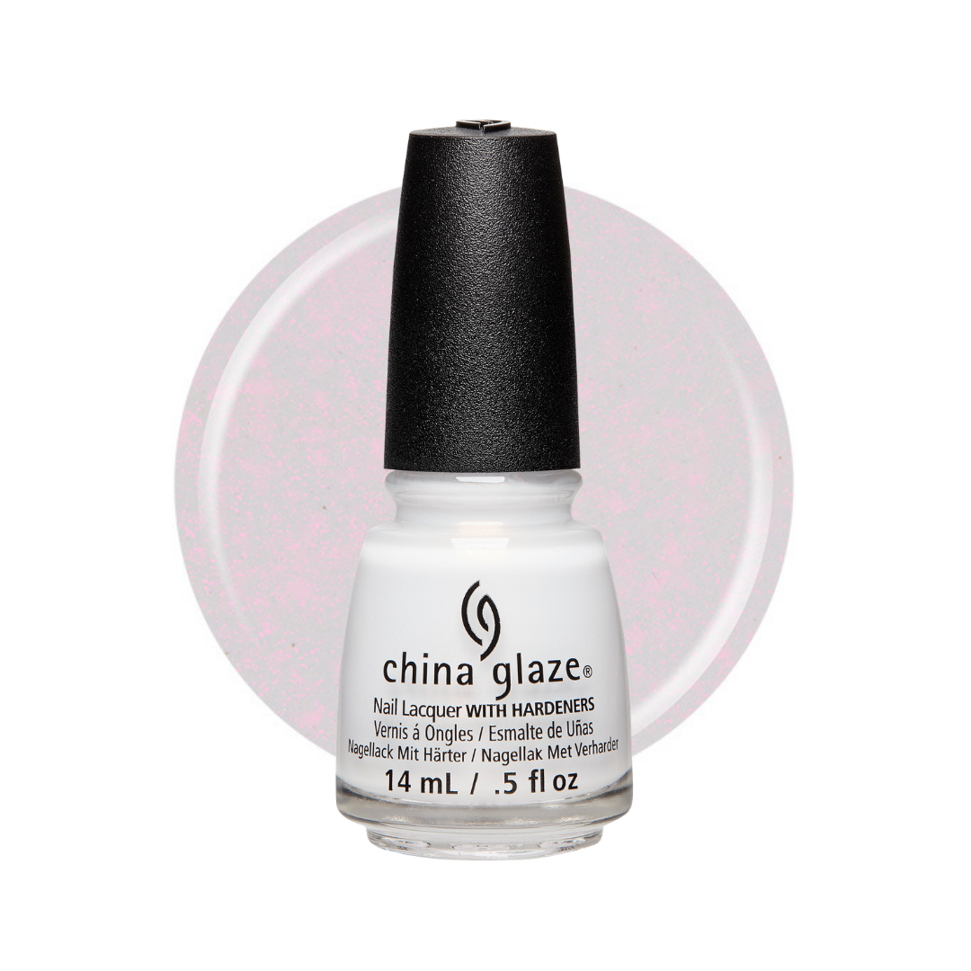 A bottle of China Glaze nail polish with a black cap and white label, shown in front of a circular swatch of light pink glitter polish on a white background.