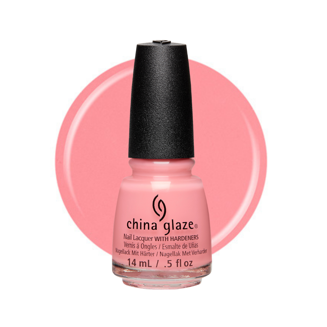 A bottle of China Glaze nail polish in a light pink shade, shown in front of a large matching pink color swatch on a white background.