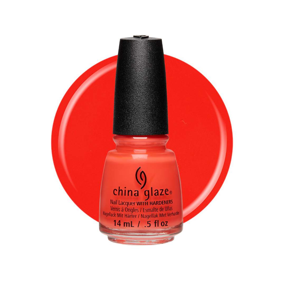 A bottle of China Glaze nail polish in a bright coral-red shade, shown in front of a large matching red circular color swatch on a white background.