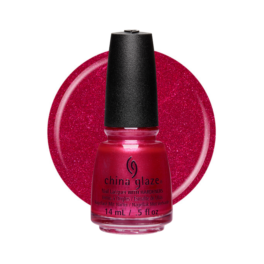 A bottle of China Glaze nail polish in a sparkling magenta-pink shade, shown in front of a matching glittery circular color swatch on a white background.