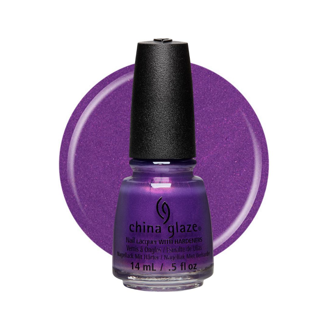 A bottle of China Glaze nail polish in a deep purple shade with a black cap, set against a large matching purple circular swatch on a white background.