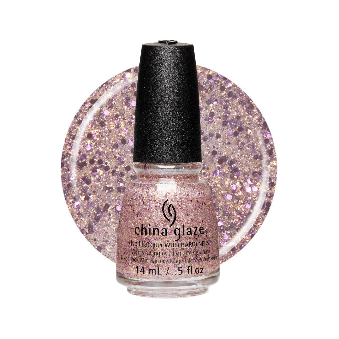 A bottle of China Glaze nail polish with a black cap, shown in front of a circular glitter swatch of the same light pink-lilac shade on a white background.