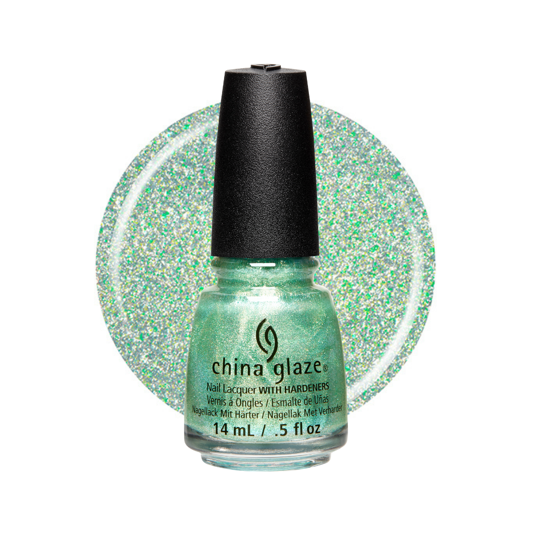 A bottle of China Glaze nail lacquer with a black cap, shown in front of a circular swatch of shimmering mint green glitter polish on a white background.