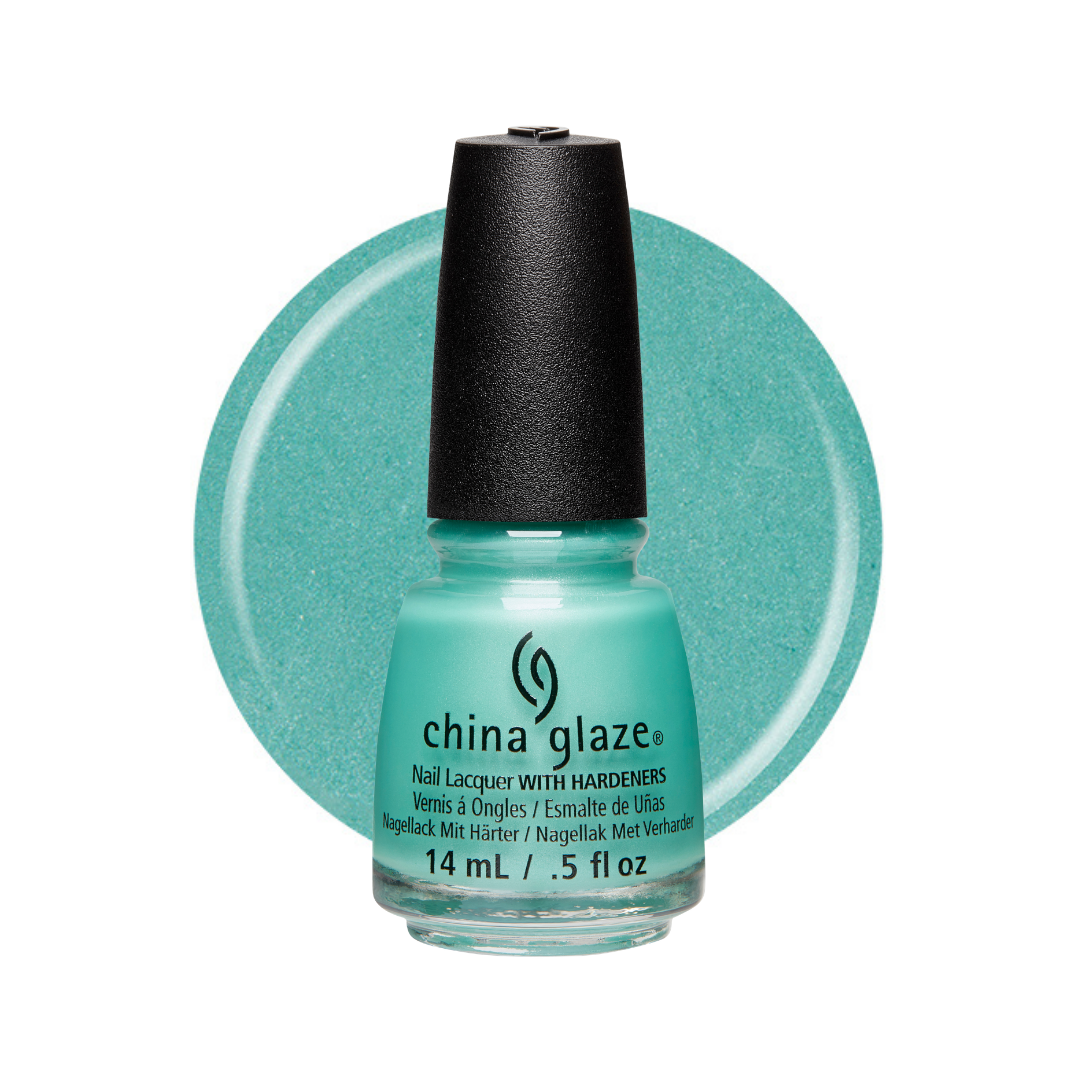 A bottle of China Glaze nail lacquer in a shimmering mint green color with a black cap, set against a matching circular teal swatch on a white background.