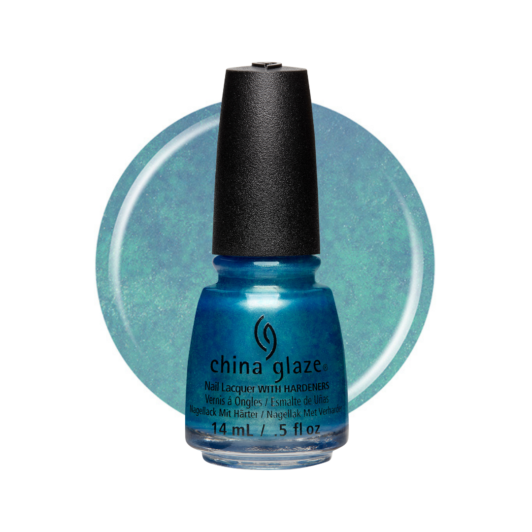 A bottle of China Glaze nail polish with hardeners in a shimmering teal-blue shade, shown against a white background with a matching circular color swatch behind it.