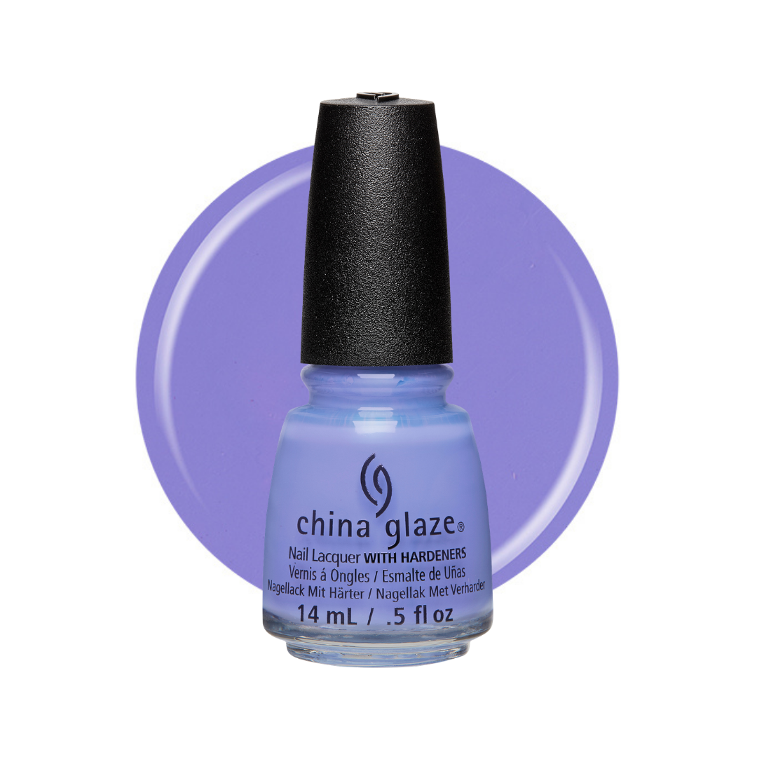 A bottle of China Glaze nail polish with a black cap, showing a light periwinkle blue lacquer inside a clear glass bottle, set against a purple circular color swatch on a white background.