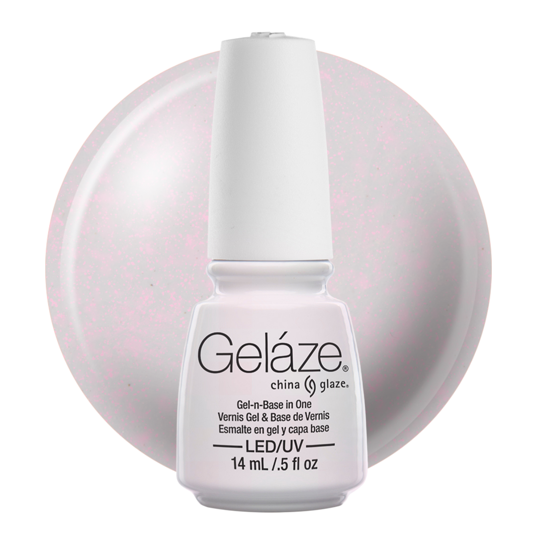 A bottle of Geláze China Glaze gel nail polish in a pale pink shade with fine glitter, shown against a matching pink glitter swatch background on a white studio backdrop.