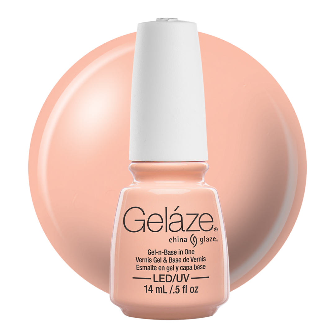 A bottle of Geláze China Glaze gel nail polish in a soft peach-pink shade, shown in front of a matching circular color swatch on a white background.