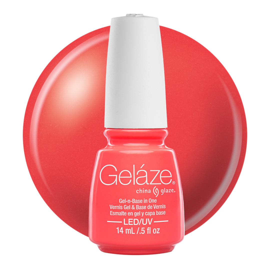 A bottle of Geláze gel nail polish in a bright salmon shade, featuring a vibrant red color with a white cap, set against a matching coral circular background.
