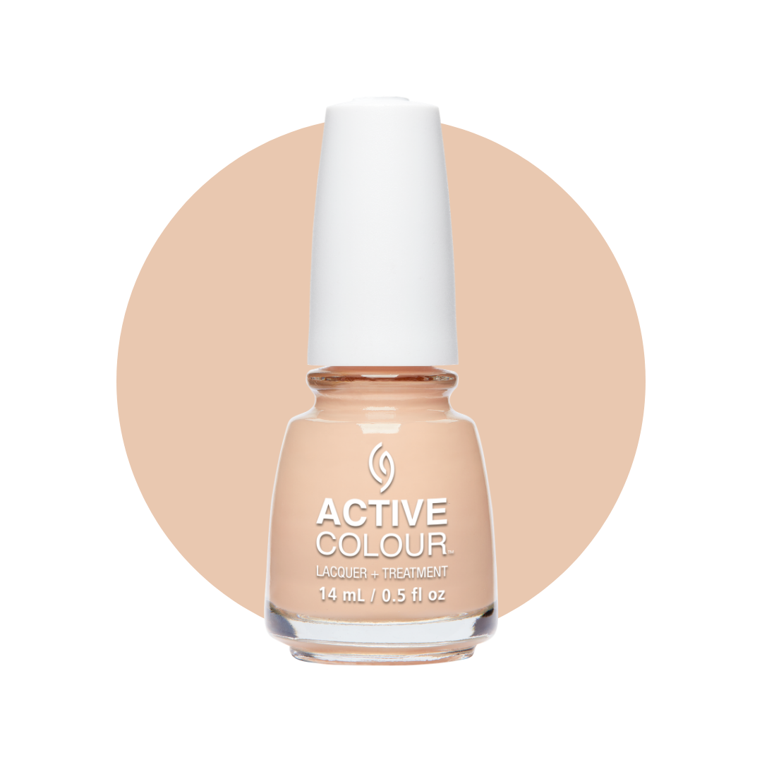 A bottle of Active Colour nail polish in a light peach-beige shade, shown against a white background with a matching beige circular color swatch behind it.