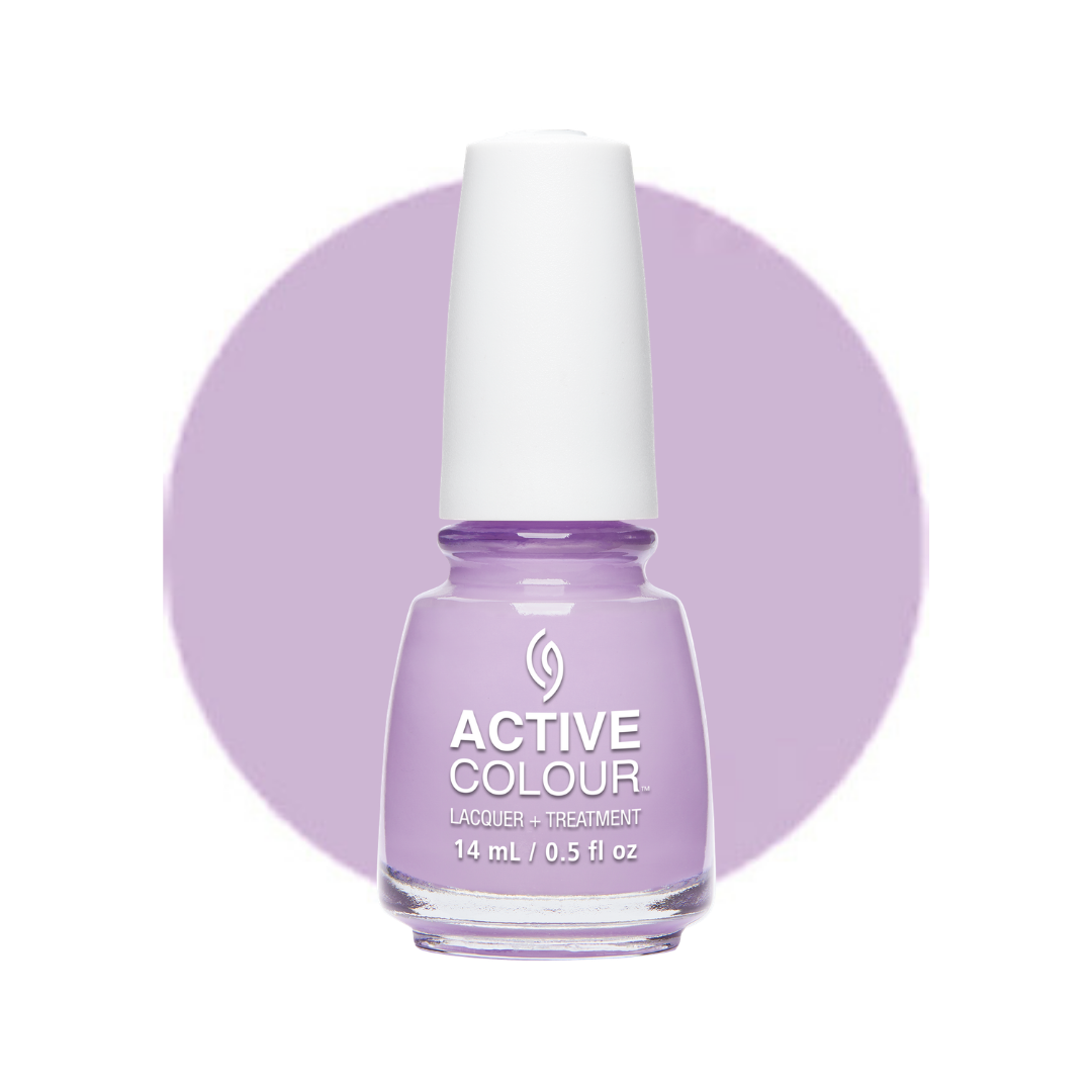 A bottle of China Glaze Active Colour Lacquer and Treatment nail polish in a light lavender purple shade, shown against a white background with a matching lavender circular color swatch behind it