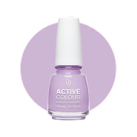 A bottle of China Glaze Active Colour Lacquer and Treatment nail polish in a light lavender purple shade, shown against a white background with a matching lavender circular color swatch behind it