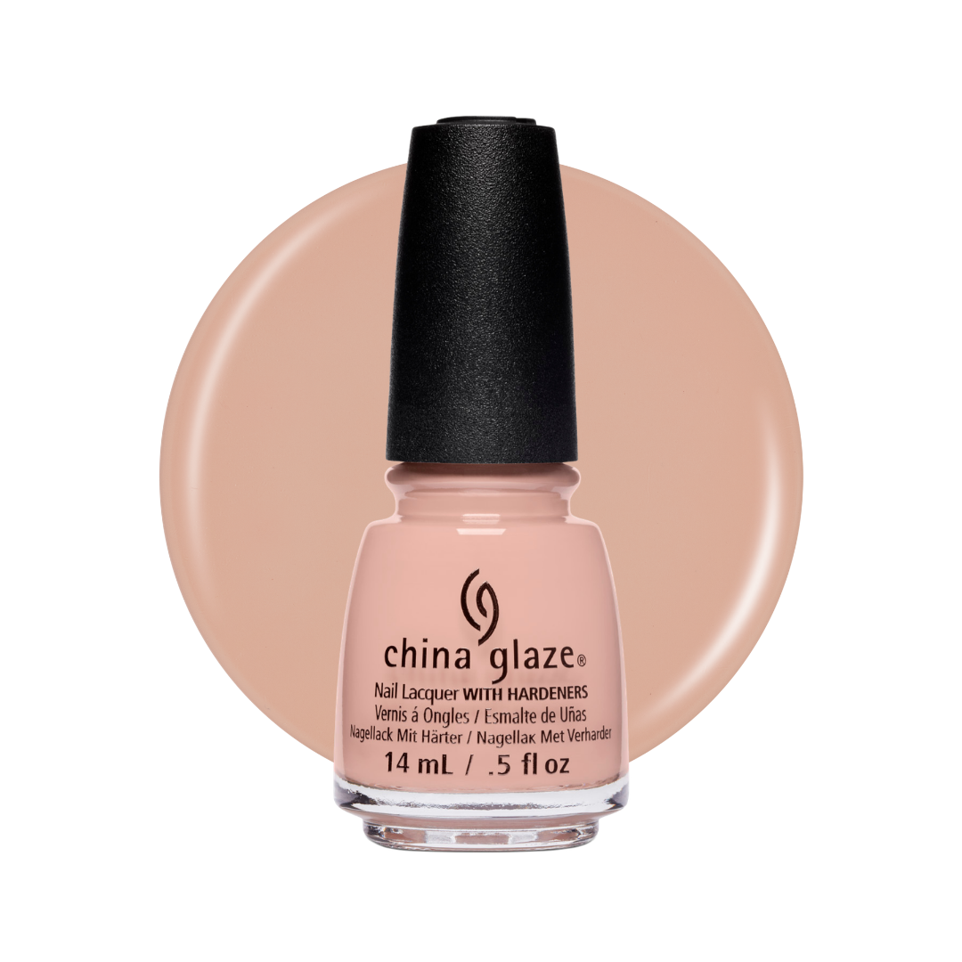 A bottle of China Glaze nail polish in a light peach-beige shade, shown in front of a large circular color swatch of the same shade on a white background.