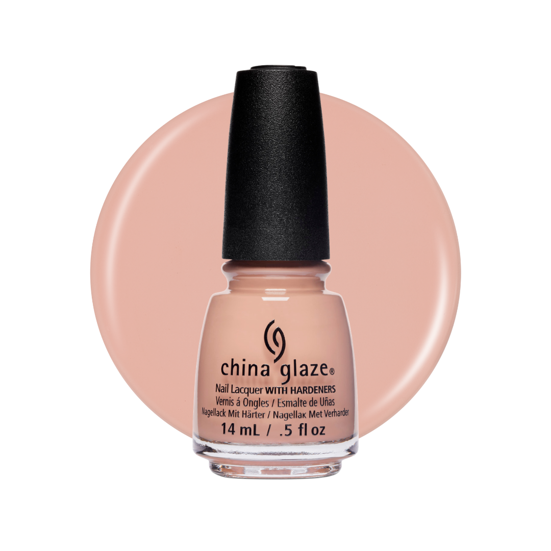 A bottle of China Glaze nail polish with hardeners in a warm nude-peach shade, set against a matching circular color swatch on a white background.