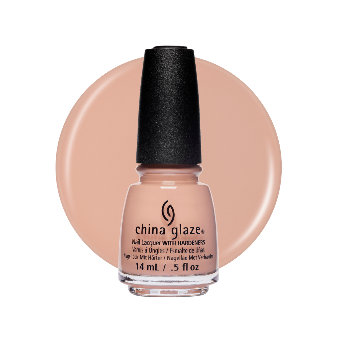 A bottle of China Glaze nail polish with hardeners in a warm nude-peach shade, shown in front of a matching circular color swatch on a white background.