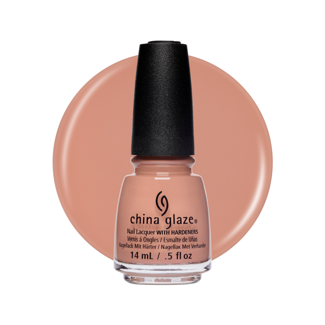 A bottle of China Glaze nail polish in a warm peachy nude shade, shown in front of a matching circular color swatch on a white background.