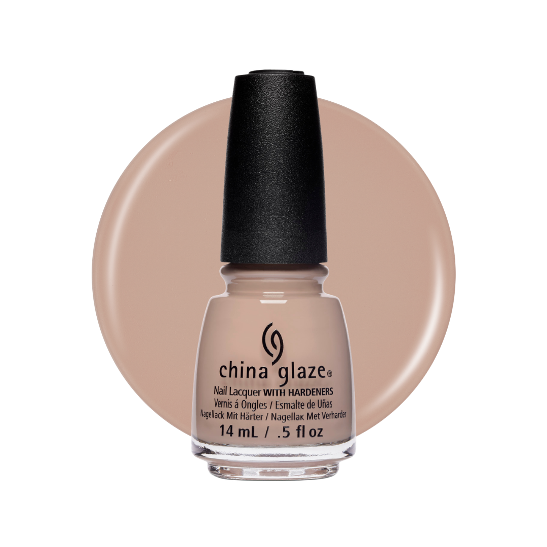 A bottle of China Glaze nail polish with a black cap, shown in front of a large circular beige swatch on a white background.