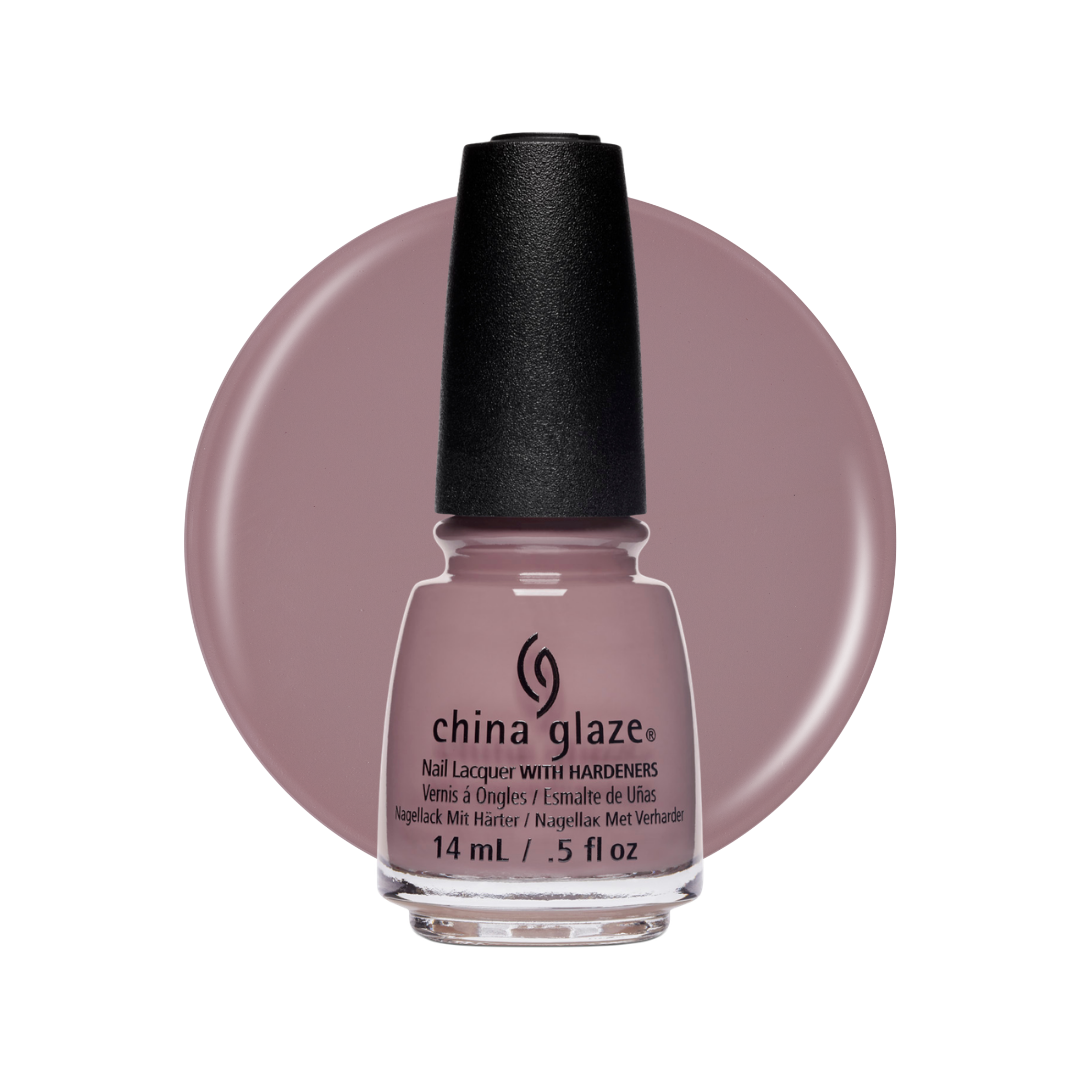 A bottle of China Glaze nail polish in a dusty mauve shade, shown in front of a matching circular color swatch on a white background.