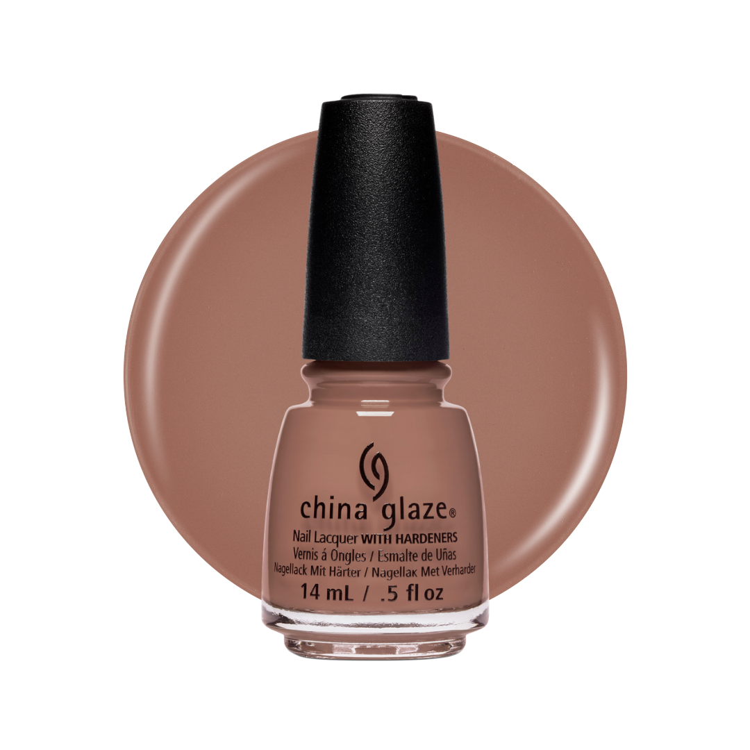 A bottle of China Glaze nail lacquer with hardeners in a warm dusty rose-brown shade, set against a matching circular color swatch on a white background.