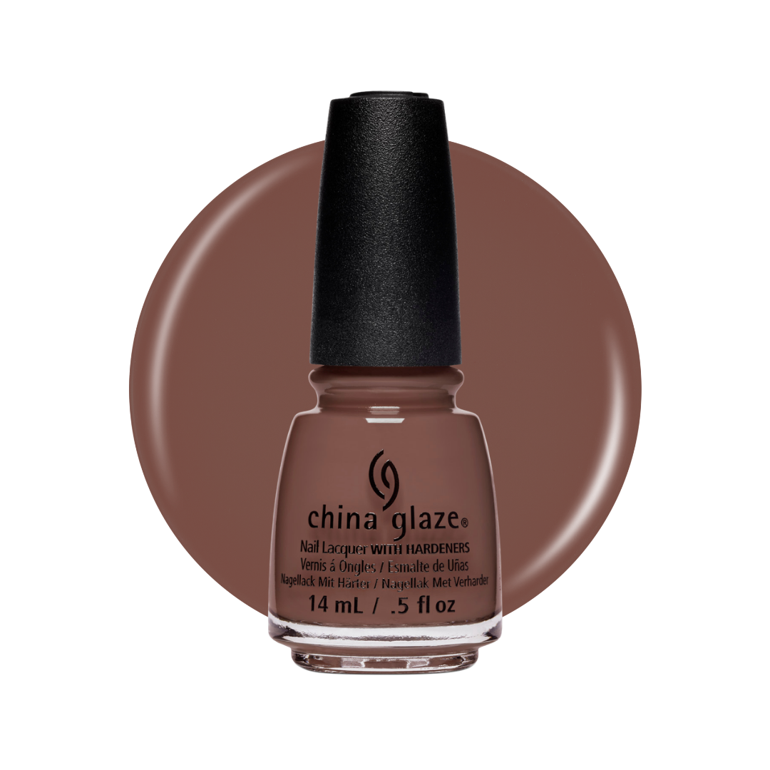 A bottle of China Glaze nail lacquer with hardeners in a warm medium brown shade, shown in front of a matching circular color swatch on a white background.