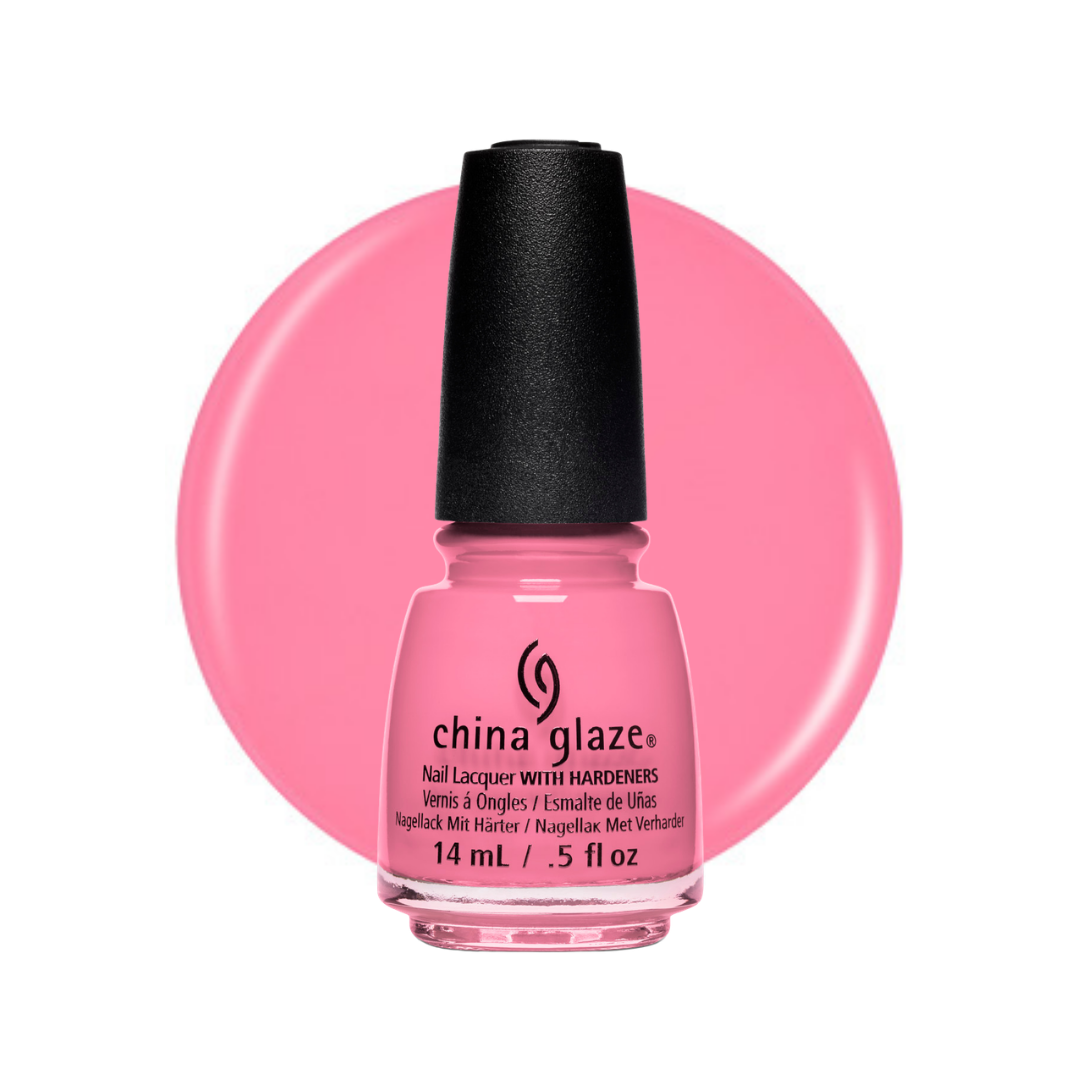 A bottle of China Glaze nail polish in a bright pink shade, shown in front of a large matching pink color swatch on a white background.