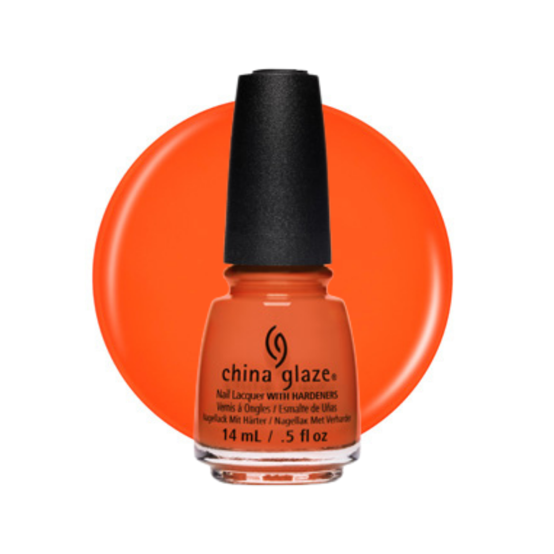 A bottle of China Glaze nail polish in a bright orange shade, shown in front of a matching circular orange color swatch on a white background.